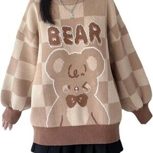 Harajuku Bear Oversize‎ Knit Tan/Beige long puff sleeve Sweater Size M